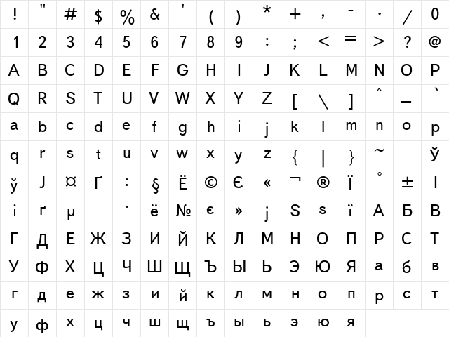 TextBook Cyrillic  glyph index