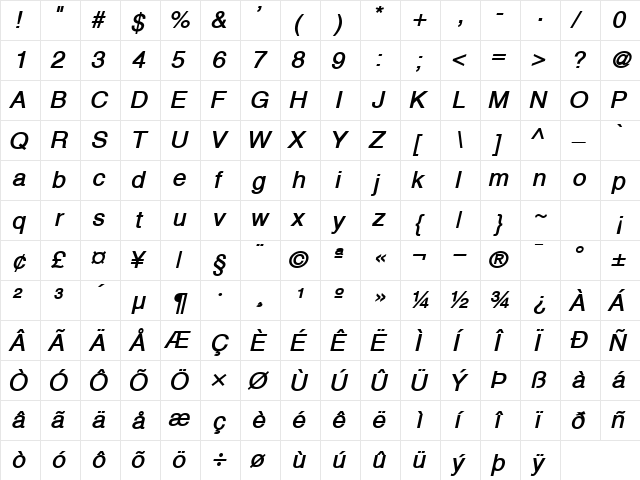 Alps BoldItalic  glyph index