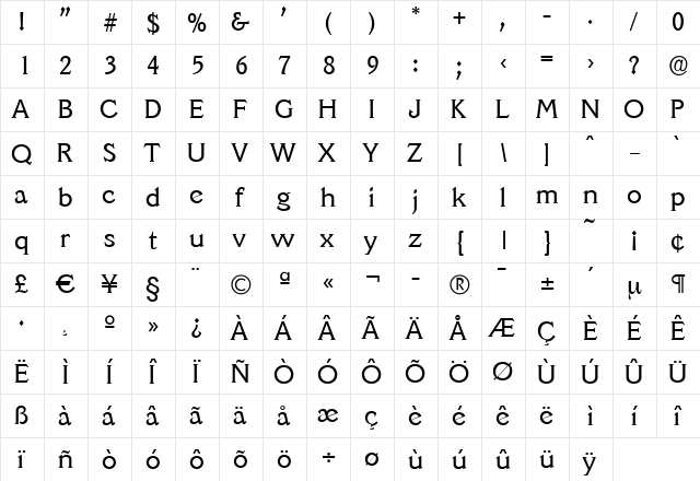 LeroyBecker Regular  glyph index