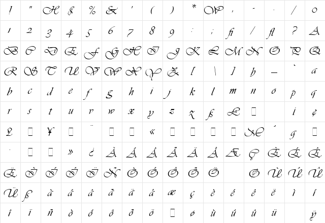 Vivaldi LET Plain  glyph index