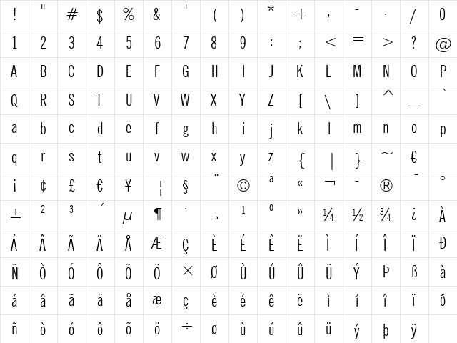 NewsGoth XCn BT Regular  glyph index