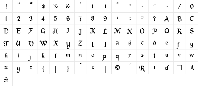 MacHumaine Regular  glyph index
