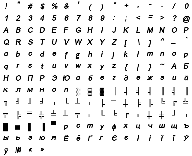 ER Univers 866 Bold Italic  glyph index