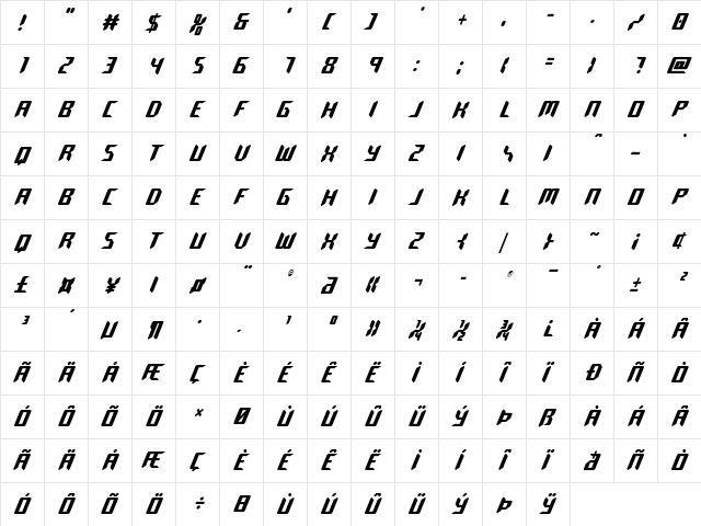 Robo-Clone Condensed Condensed  glyph index