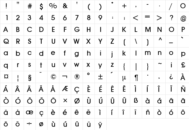 Avant Garde BQ Roman  glyph index
