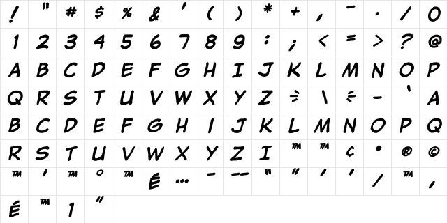 jibbajabba ExtraBold Italic  glyph index