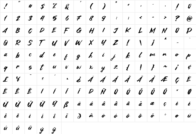 Asia Tiger Regular  glyph index