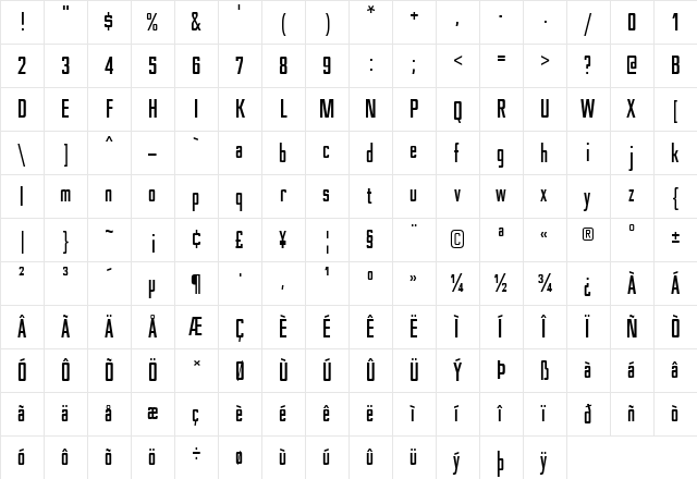 Nesobrite Condensed Bold  glyph index