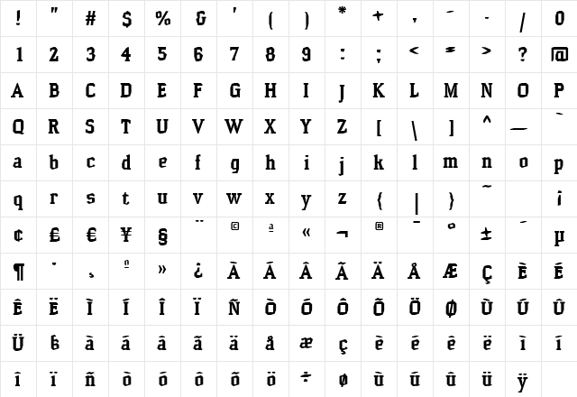 Hammerhead Bold  glyph index