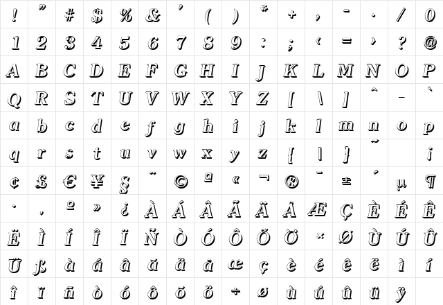 ClearfaceShadow BoldItalic  glyph index