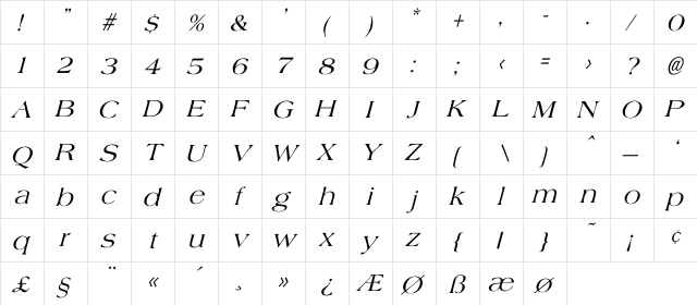 Shale Italic  glyph index
