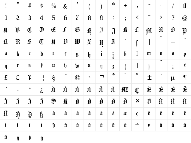 HansaGotisch Regular  glyph index