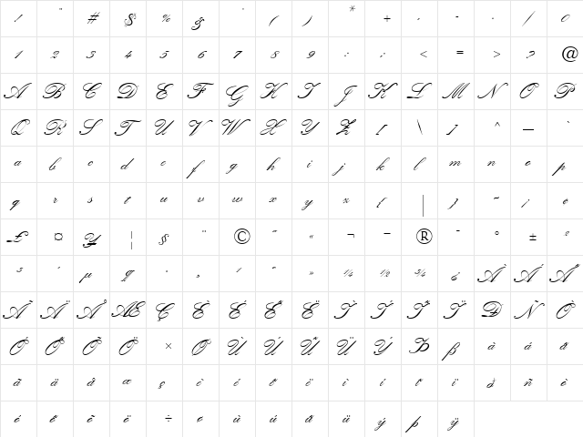 KuenstlerScript BoldItalic  glyph index