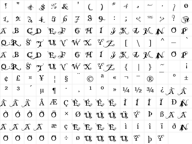 MACABRA Regular  glyph index