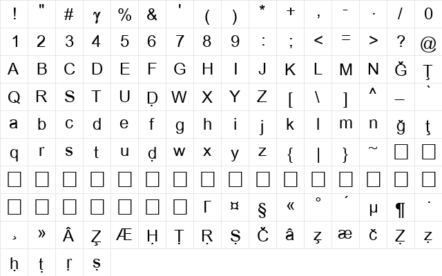 Amazigh Arial Regular  glyph index