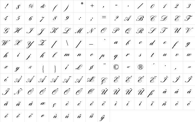 Englische Schreibschrift BQ Regular  glyph index