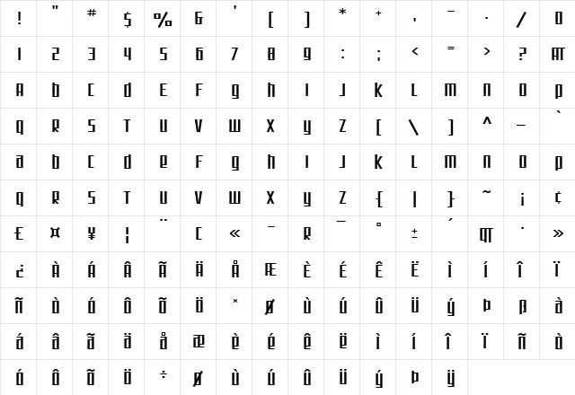 SF Square Root Extended Regular  glyph index