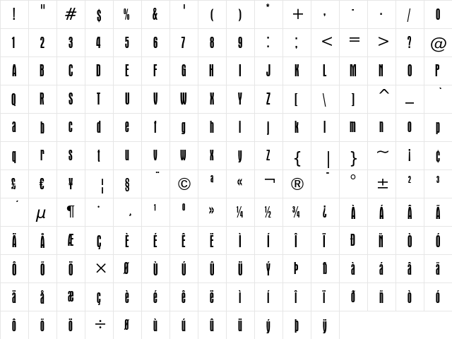 Aurora Condensed  glyph index