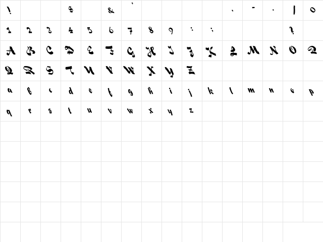 Fox Script Lefty Regular  glyph index