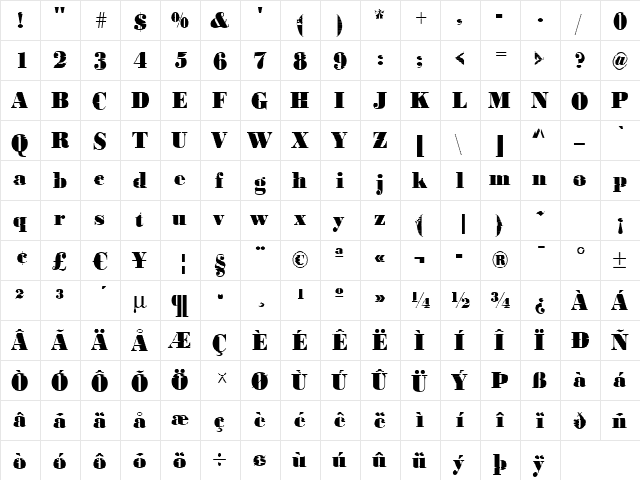 BodoniInkjet2 Regular  glyph index