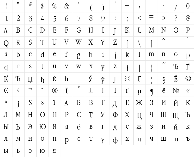GaramondNarrowCTT Regular  glyph index