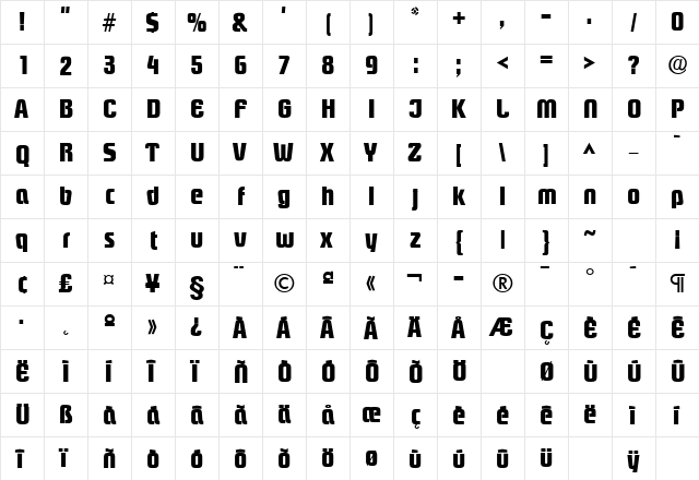 Pasadena Bold  glyph index