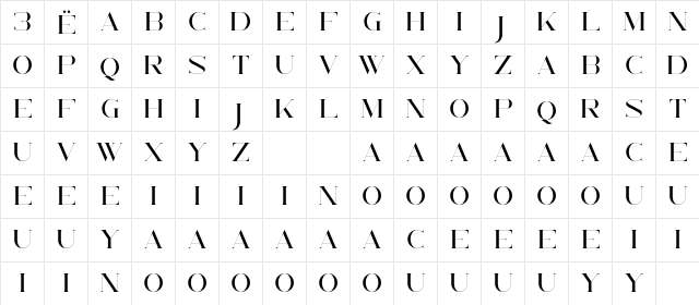 Unreal Regular  glyph index