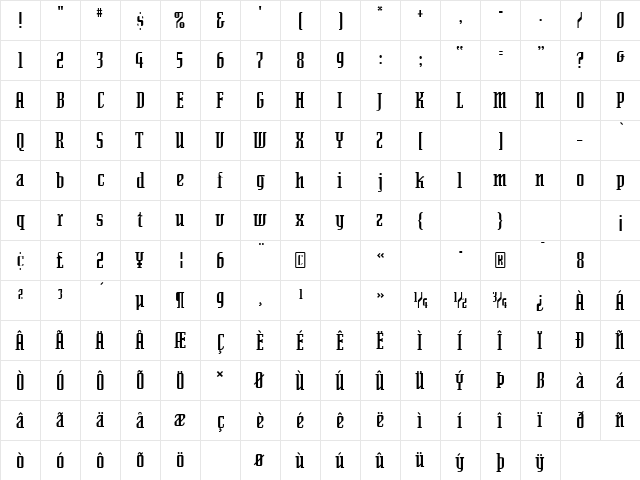 SenatorDemi Regular  glyph index