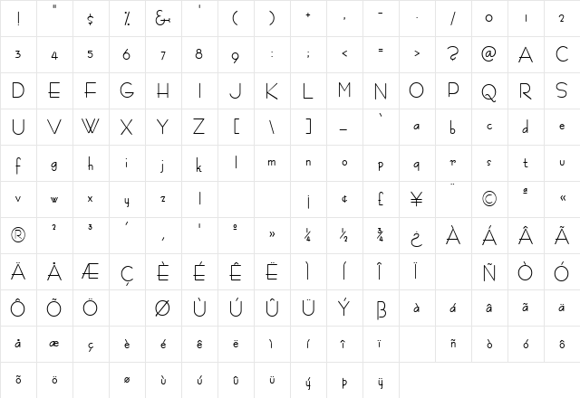 FashionNarrow Bold  glyph index