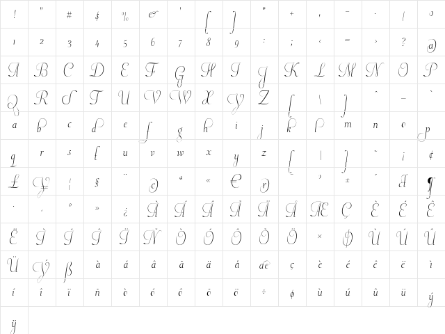 PlumaSegunda Regular  glyph index