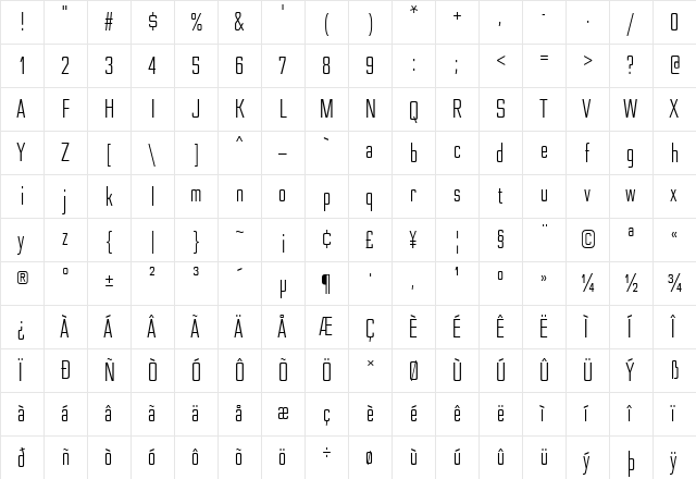 Nesobrite Condensed Book  glyph index