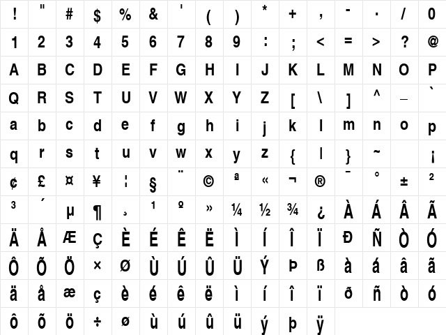 Sans Narrow BOLD  glyph index