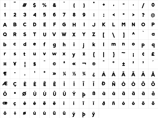 Slenco Black Regular  glyph index