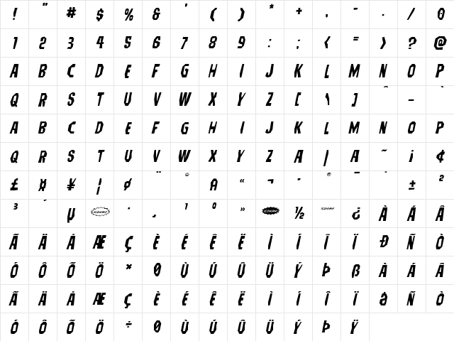Hitchblock Expanded Italic Expanded Italic  glyph index