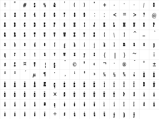 Billboard 11-Condensed Normal  glyph index
