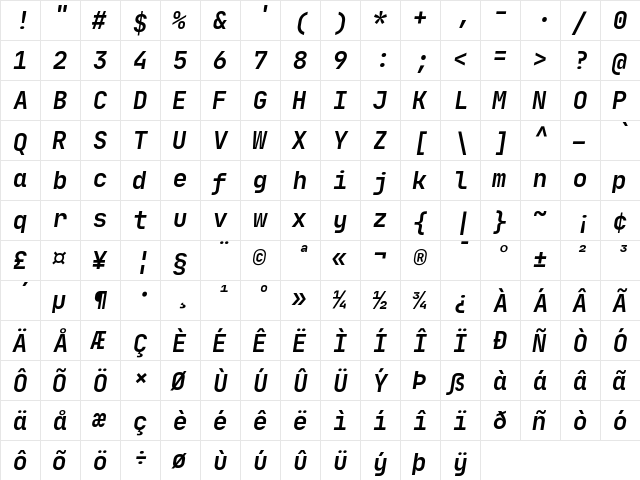 JetBrains Mono Bold Italic  glyph index