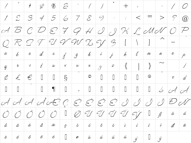 ValentinaJF Regular  glyph index