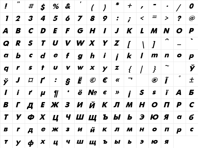 UkrainianFuturis BoldItalic  glyph index