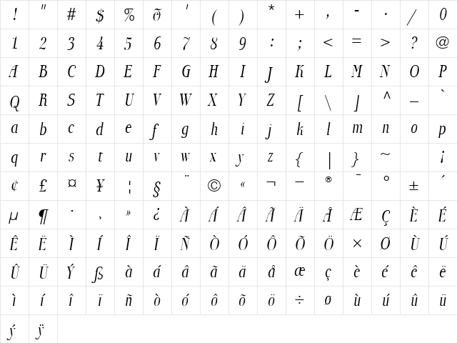 BoberiaLL Italic  glyph index