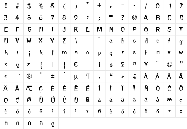 Japanette Regular  glyph index