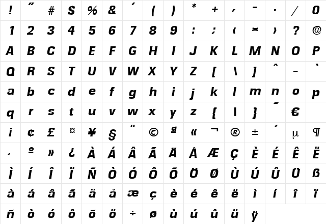 Rochester-BoldIta Regular  glyph index