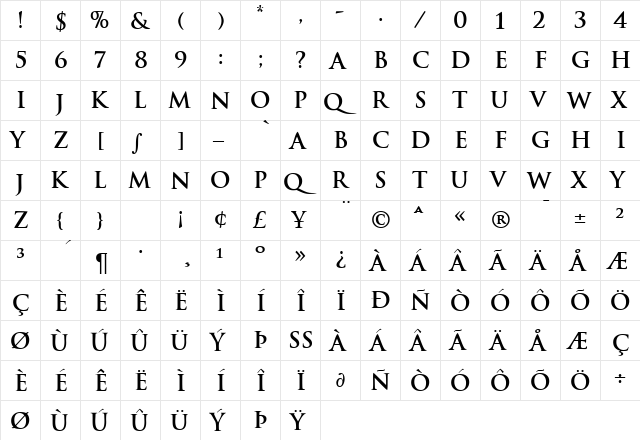 Tradition Bold  glyph index