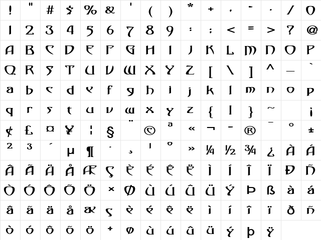 Saga-Expanded Bold  glyph index