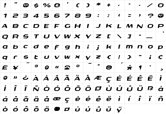 CrashBangWallop LightItalic  glyph index