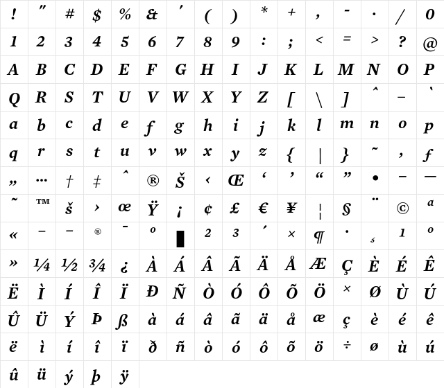 Mercury Text G1 Semibold Italic  glyph index
