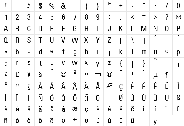 Uniform Condensed Regular  glyph index