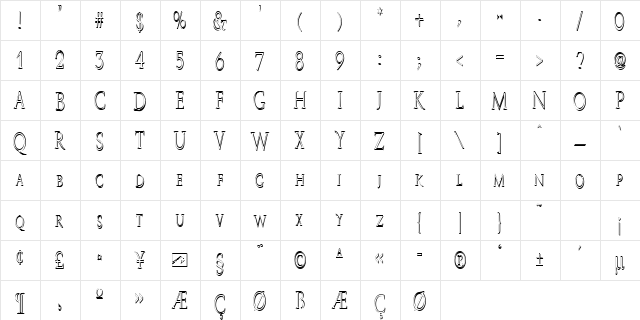 JW Brass Regular  glyph index