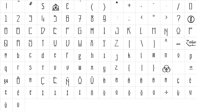 Kashmir Regular  glyph index