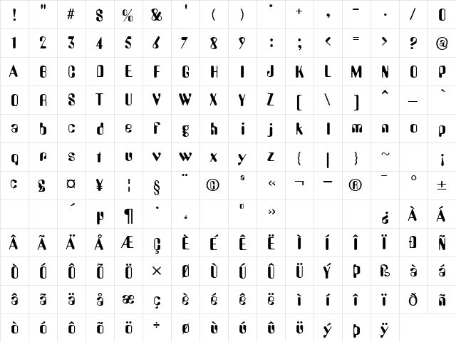 Submarine Regular  glyph index