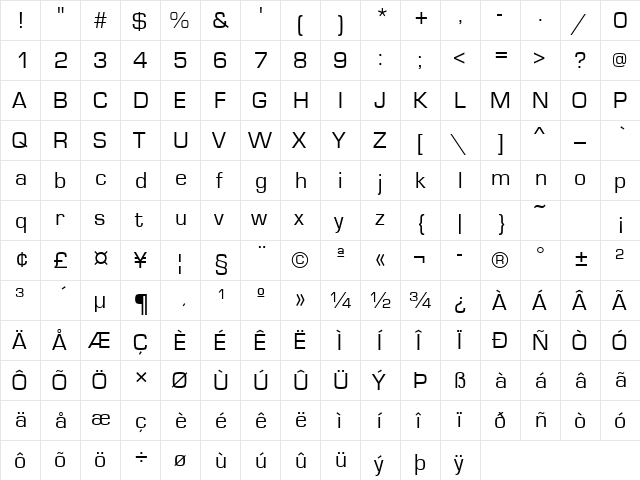 Eurostile Regular  glyph index